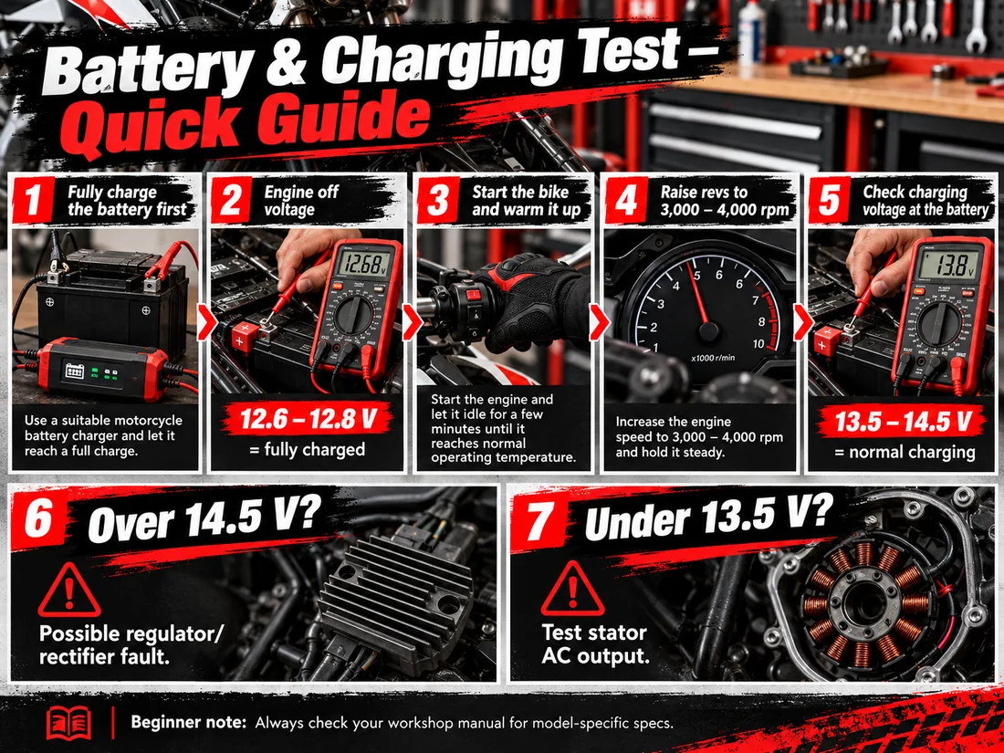 Illustrated motorcycle battery and charging-system voltage checks using a multimeter