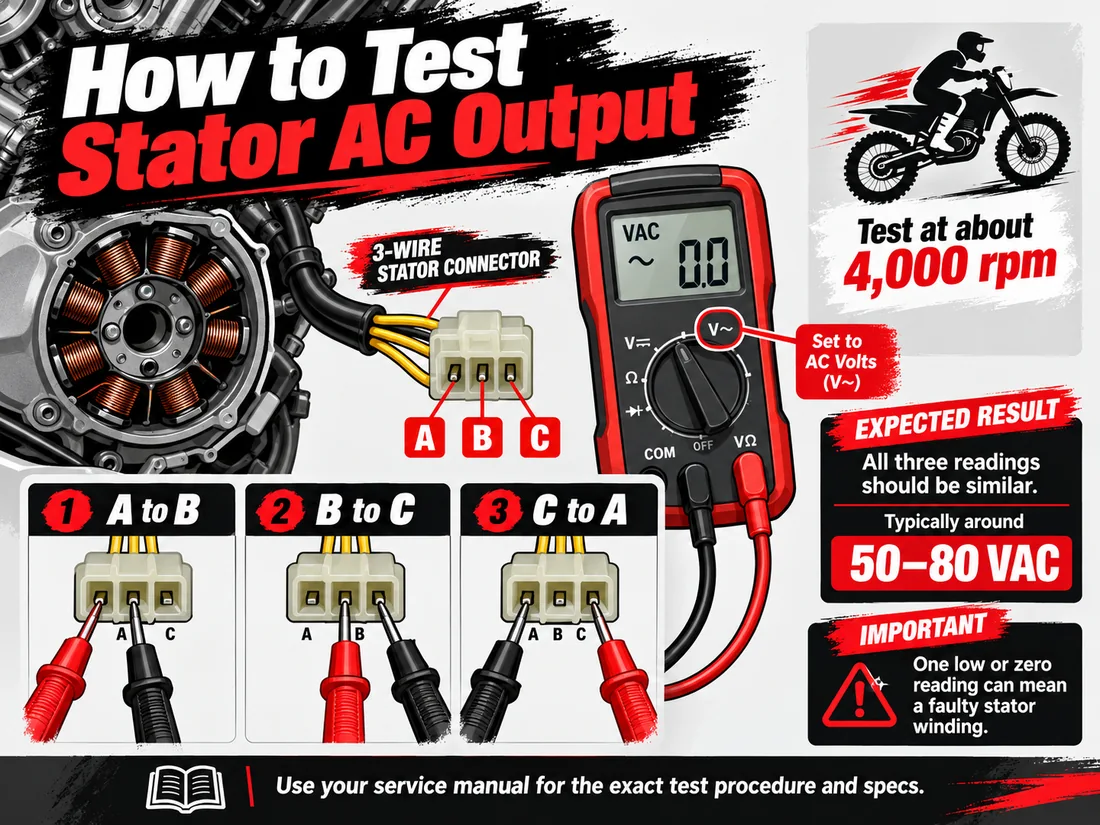 Three-phase motorcycle stator AC output testing diagram showing A to B, B to C and C to A measurements