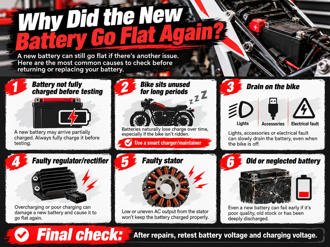Common reasons motorcycle batteries go flat including infrequent riding, electrical drain and charging-system faults