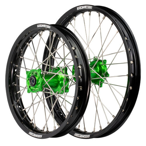 Kawasaki KX100 2001-2021 Axiom Wheel Set 19/16 Black Rims Green Hubs Silver Nipples