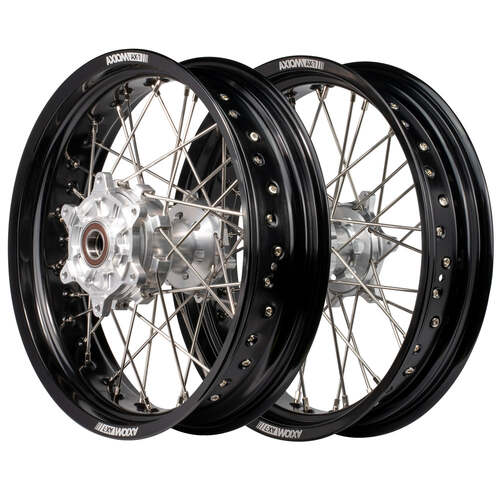 Fits Suzuki DR650RS 1990-1991 Axiom Supermotard Wheel Set 17x3.5/17x4.25 Cush Drive Black Rim Silver Hub 