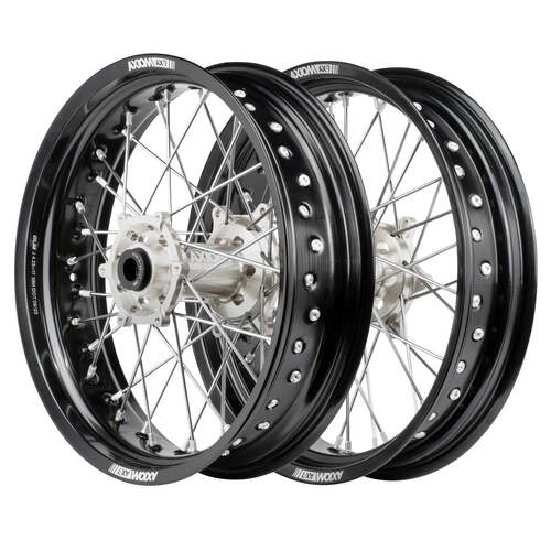 Husqvarna TE250 2014-2024 Axiom Supermotard Wheel Set 17x.3.5/17x4.25 Black Spokes Black Rim Silver Hub Silver Nipples