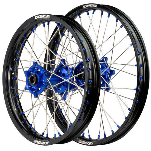 Yamaha YZ450FX 2019-2024 Axiom SNR MX Wheel Set 21x1.6/18x2.15 Black Rims Blue Hubs Blue Nipples