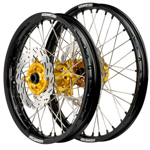 Fits Suzuki DR-Z400E 2000-2024 Axiom Wheel Set 21x1.6/18x2.15 Black Rims Gold Hubs SS Spokes inc Brake Discs
