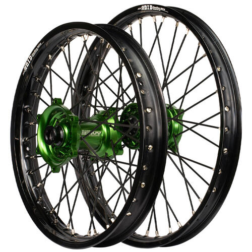 Kawasaki KX500 1993-2004 Envy/DID Wheel Set 21/18*2.15 Black Rims Green Hubs Black Spokes