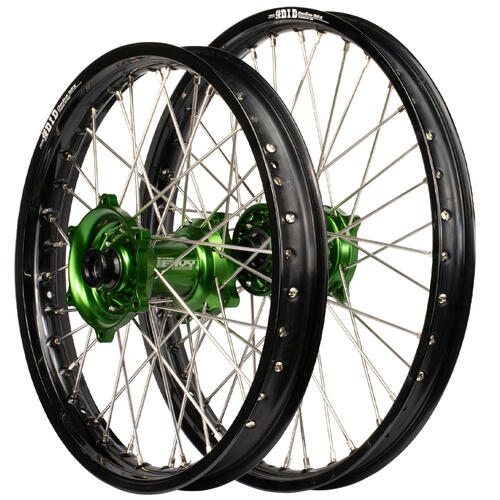 Kawasaki KX500 1993-2004 Envy/DID SNR Wheel Set 21/18 Black Rims Green Hubs