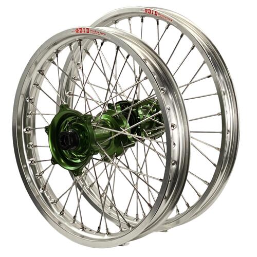 Kawasaki KX500 1993-2004 Envy/DID Wheel Set Pair 21/19 Silver Rims Green Hubs