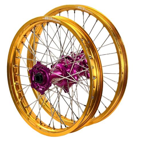 Kawasaki KX327 2027 Envy/DID Wheel Set Pair 21/18 Gold Rims Purple Hubs