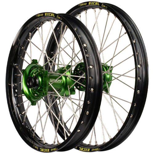 Kawasaki KX327 2027 Envy/Excel SNR Wheel Set 21/19 Black Rims Green Hubs