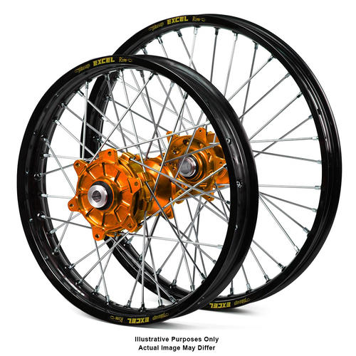 KTM 950 ADVENTURE 2003-2014 Wheel Set Black Excel Rims / Orange SM Pro Hubs 21x1.85 / 17x4.25 