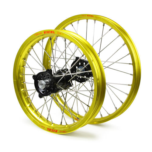 Fits Suzuki RM85 1993-2024 JNR MX Wheel Set Yellow Excel Rims / Black SM Pro Hubs 17x1.40 / 14x1.60