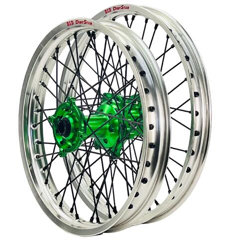 Kawasaki KX327X 2027 Axiom/DID Wheel Set 21/18 Black Rims Green Hubs Black Nipples