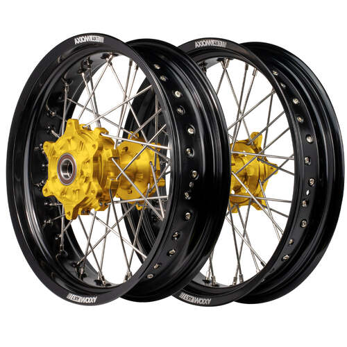 Fits Suzuki DR650RS 1990-1991 Axiom Supermotard Wheel Set 17x3.5/17x4.25 Cush Drive Black Rim Gold Hub 
