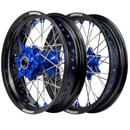 Honda CRF450R 2014 - 2024 Axiom Supermotard Wheel Set 17x3.5/17x4.25 Black Rim Blue Hubs & Nipples