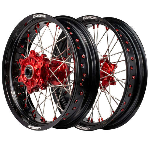Honda CRF250L 2013 - 2020 Axiom Supermotard Wheel Set 17x3.5/17x4.25 Black Rim Red Hubs & Nipples
