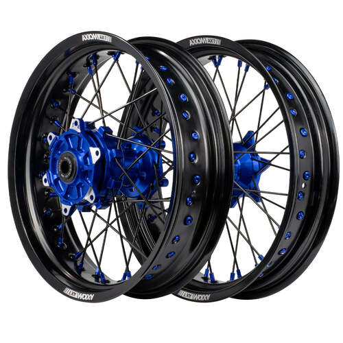 Husqvarna TE125 2014 - 2016 Axiom Supermotard Wheel Set 17x3.5/17x4.25 Black Rim & Spokes Blue Hubs & Nipples