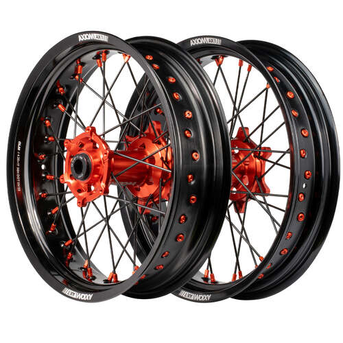KTM 500 EXC-F 2012-2024 Axiom Supermotard Wheel Set 17x.3.5/17x4.25 Black Rim & Spokes Orange Hubs & Nipples