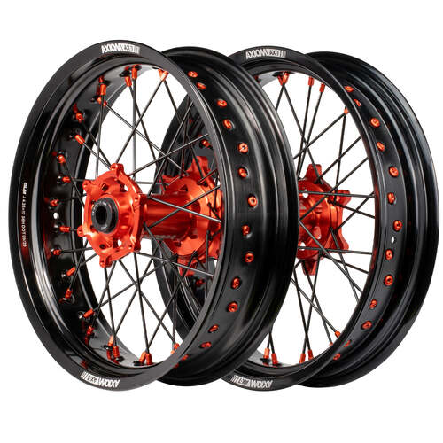 Husqvarna TE125 2014 - 2016 Axiom Supermotard Wheel Set 17x.3.5/17x4.25 Black Rim & Spokes Orange Hubs & Nipples