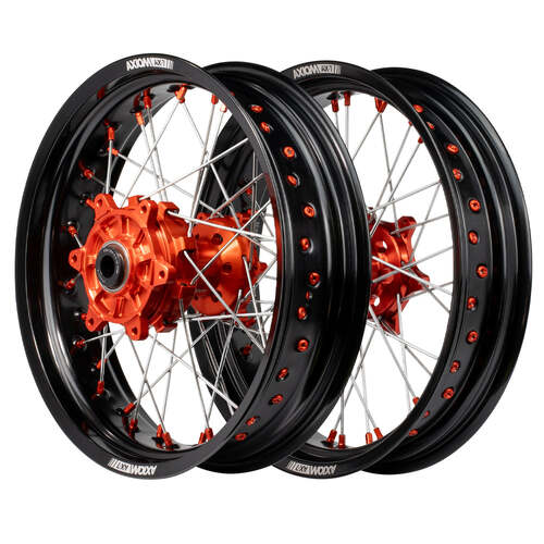 KTM 500 EXC-F 2012 - 2024 Axiom Supermotard Wheel Set 17x.3.5/17x4.25 Black Rim Orange Hub Orange Nipples