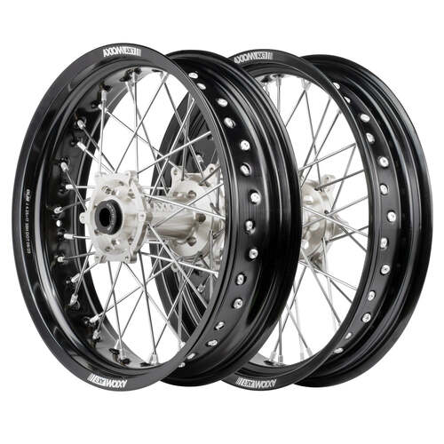 KTM 500 EXC-F 2012 - 2024 Axiom Supermotard Wheel Set 17x.3.5/17x4.25 Black Spokes Black Rim Silver Hub Silver Nipples