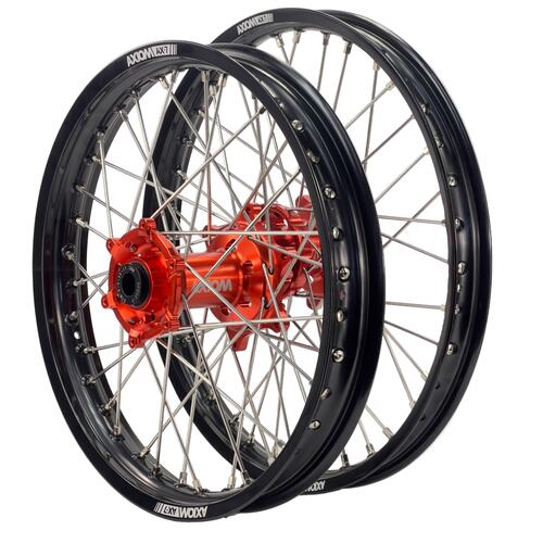 KTM 530 EXC-R 2008-2012 Axiom Wheel Set 21/18 Black Rims Orange Hubs Silver Nipples