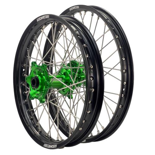 Kawasaki KX250X 2021-2026 Axiom Wheel Set 21/18 Black Rims Green Hubs Silver Nipples