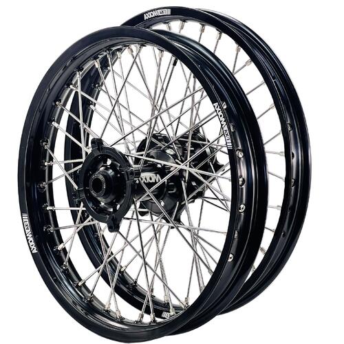 Kawasaki KX327X 2027 Axiom Wheel Set 21/19 Black Rims Black Hubs Silver Nipples