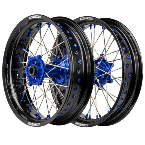Yamaha WR250R 2007-2024 Axiom Supermotard Wheel Set 17x3.5/17x4.25 Black Rim Black Hub Blue Nipples