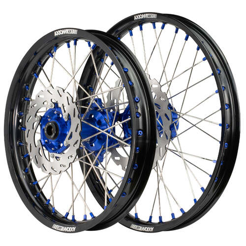 Suzuki RM85 2005 - 2024 Axiom JNR Wheel Set 19x1.6/16x1.85 Black Rims Blue Hubs SS Spokes inc Brake Discs