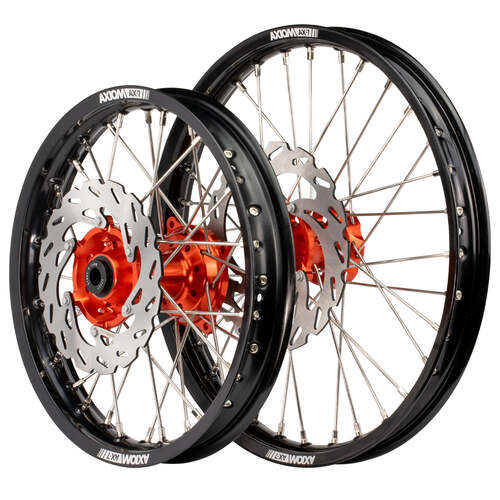 Husqvarna TE125 2014 - 2016 Axiom Wheel Set 21x1.6/18x2.15 Black Rims Orange Hubs SS Spokes inc Brake Discs