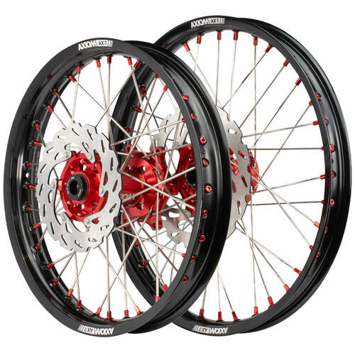 KTM 450 EXC-F 2003 - 2024 Axiom Wheel Set 21x1.6/18x2.15 Black Rims Red Hubs SS Spokes inc Brake Discs