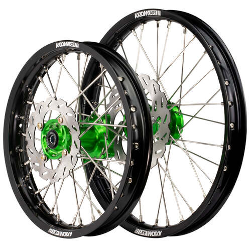 Kawasaki KX250X 2021 - 2024 Axiom Wheel Set 21x1.6/18x2.15 Black Rims Green Hubs SS Spokes inc Brake Discs