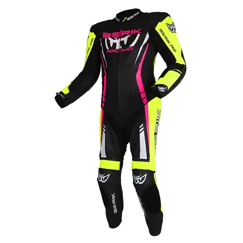 Berik Mens Motorcycle One-Piece Race Suit Sicily Black/Hi-Viz /Pink 48