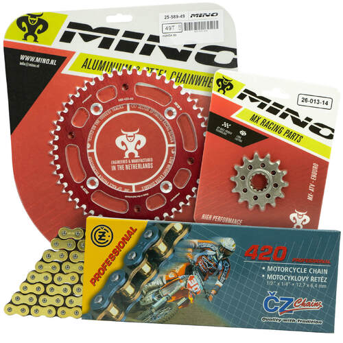 Honda CR85 2003 - 2007 Mino 15T/48T Gold MX CZ Chain and Red Alloy Sprocket Kit