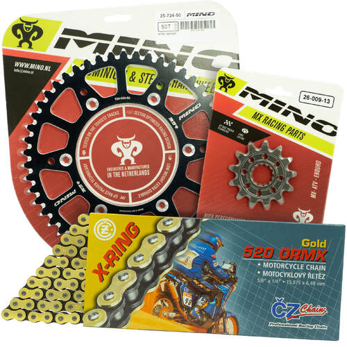 Fits Suzuki RM250 1982 - 2012 Mino 13T/51T Gold X-Ring CZ Chain & Black Alloy Sprocket Kit