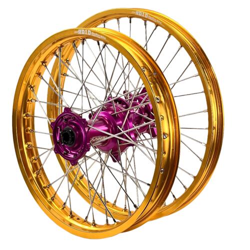 KTM 144 SX 2008 Envy/DID Wheel Set Wheels Pair 21/18 Gold Rims Purple Hubs