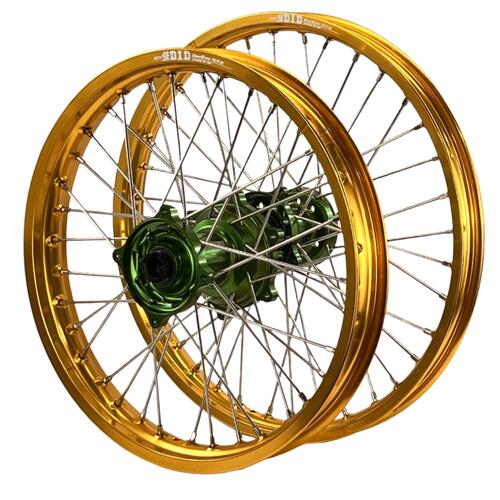 Kawasaki KX250 2006-2008 Envy/DID Wheel Set Pair 21/19 Gold Rims Green Hubs