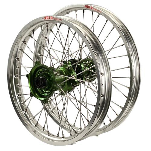 Kawasaki KX327 2027 Envy/DID Wheel Set Pair 21/18 Silver Rims Green Hubs