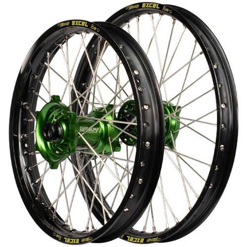 Kawasaki KX500 1989 - 1992 Envy / Excel SNR Wheel Set 21/19 Black Rims Green Hubs