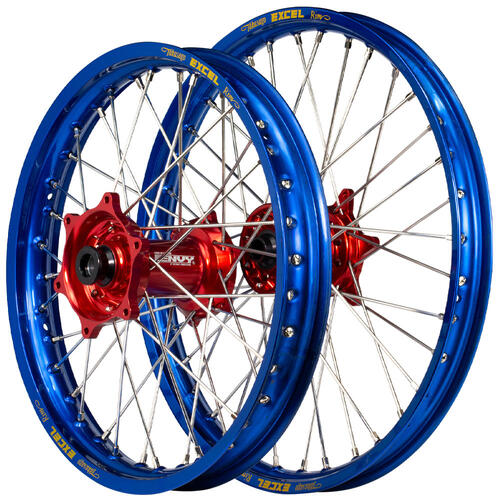 Yamaha YZ250F 2014-2025 Envy/Excel Wheelset Wheels Pair 21/18 Blue Rims Red Hubs