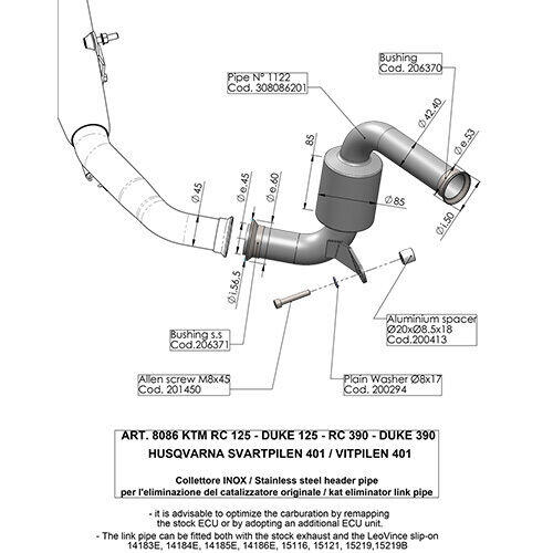 KTM RC 200 2017-2020 LeoVince Link Pipe Cat Eliminator Stainless Steel