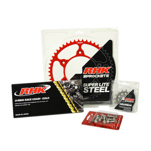 Gas-Gas EC500F 2024 RHK 15/47 Gold O-Ring Chain & Red Super Lite Steel Sprocket Kit