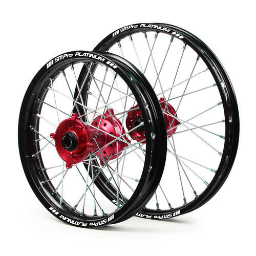 Honda CR80R 1996-2007 JNR MX Wheel Set Black Platinum Rims / Red SM Pro Hubs 17x1.40 / 14x1.60