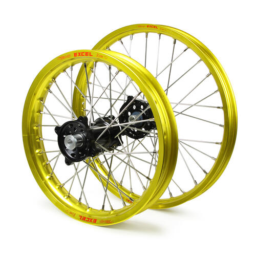 Fits Suzuki RM85 1993-2024 JNR MX Wheel Set Yellow Excel Rims / Black SM Pro Hubs 19x1.40 / 16x1.85