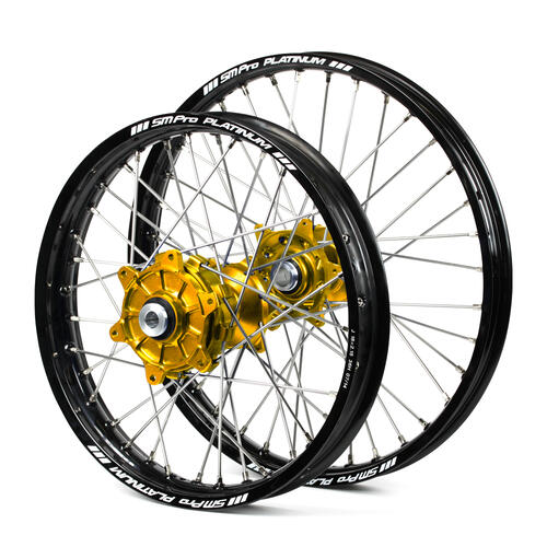 Fits Suzuki DR-Z400E 2000-2024 Cush Drive Wheel Set Black Platinum Rims / Gold SM Pro Hubs 21 / 18x2.15