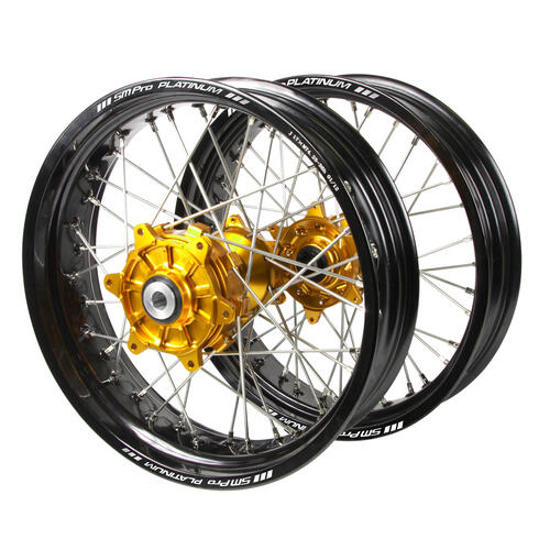 Fits Suzuki DR-Z400E 2000-2024 Supermotard Cush Drive Wheel Set Black Platinum Rims / Gold SM Pro Hubs 17x3.50 / 17x4.25