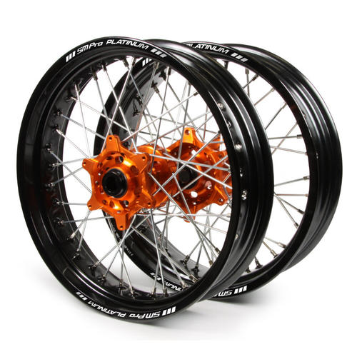 KTM 125 EXC 2003 - 2022 SM Pro Supermotard Wheel Set 17x3.50 17x4.25 Black Rim / Orange Hub 