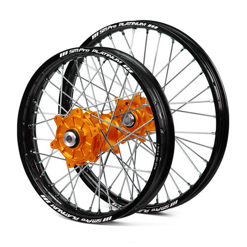 KTM 250 EXC TPI 2003-2024 Cush Drive Wheel Set Black Platinum Rims / Orange SM Pro Hubs 21x1.60 / 18x2.15