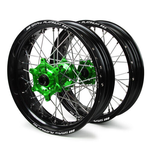 Kawasaki KX150 2006-2008 SM Pro Supermotard Wheel Set 17x3.50 17x4.25 Black Rim / Green Hub