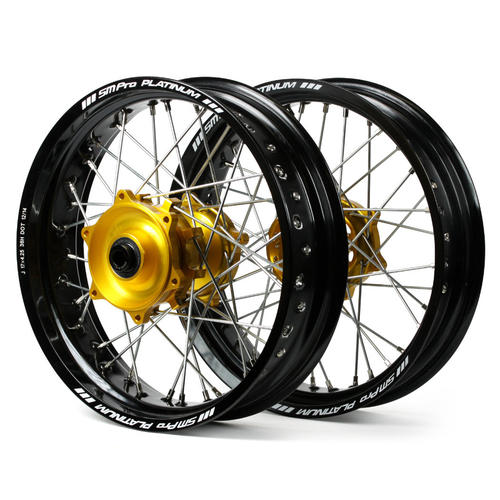 Fits Suzuki RM250 2001-2008 SM Pro Supermotard Wheel Set 17x3.50 17x4.25 Black Rim / Gold Hub 
